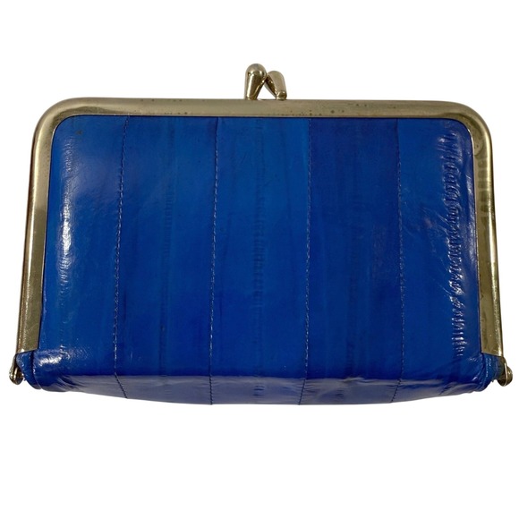 Handbags - Vintage Coin Purse Eel Skin Clam Shell Make Up Bag Kiss Lock Frame Mirrored Blue